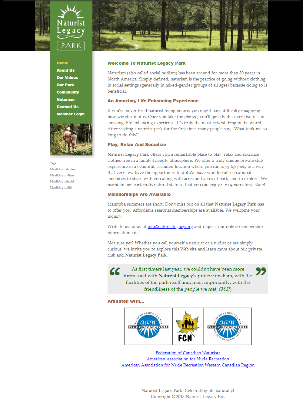 Naturist Legacy History: Their website in 2013