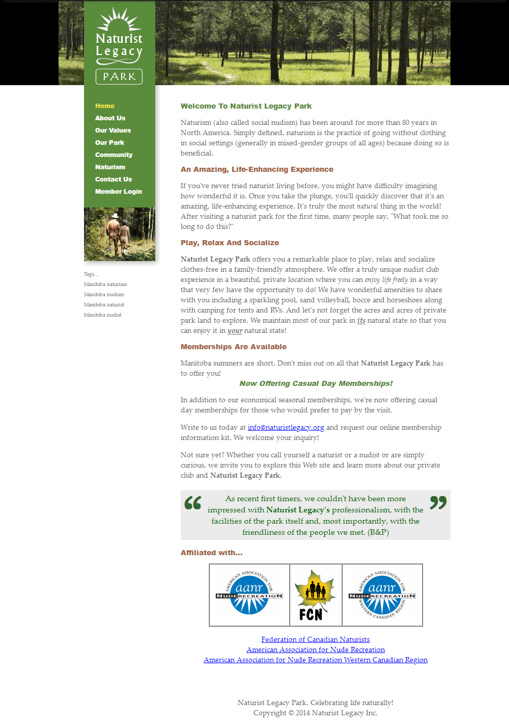 Naturist Legacy History: Their website in 2014